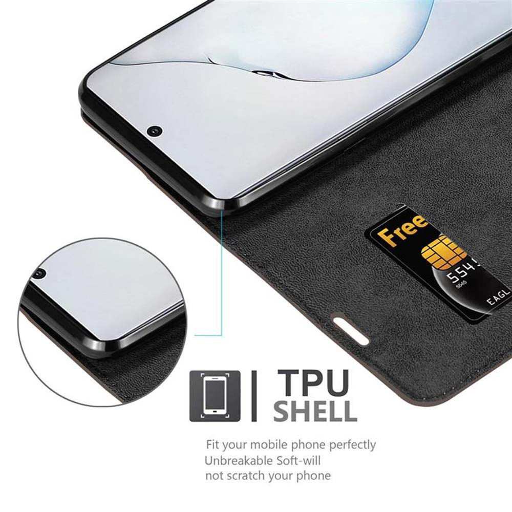 Eine Handyhülle mit Kartenfach und Telefon darin. Text 'TPU SHELL' und Beschreibung.