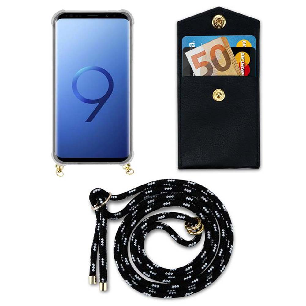 Telefono, custodia e cordino. Il cordino è bianco e nero. La custodia del telefono ha una copertura.