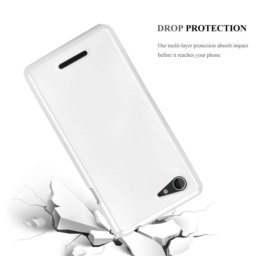 Funda de teléfono blanca con un teléfono dentro, rompiendo una superficie agrietada.