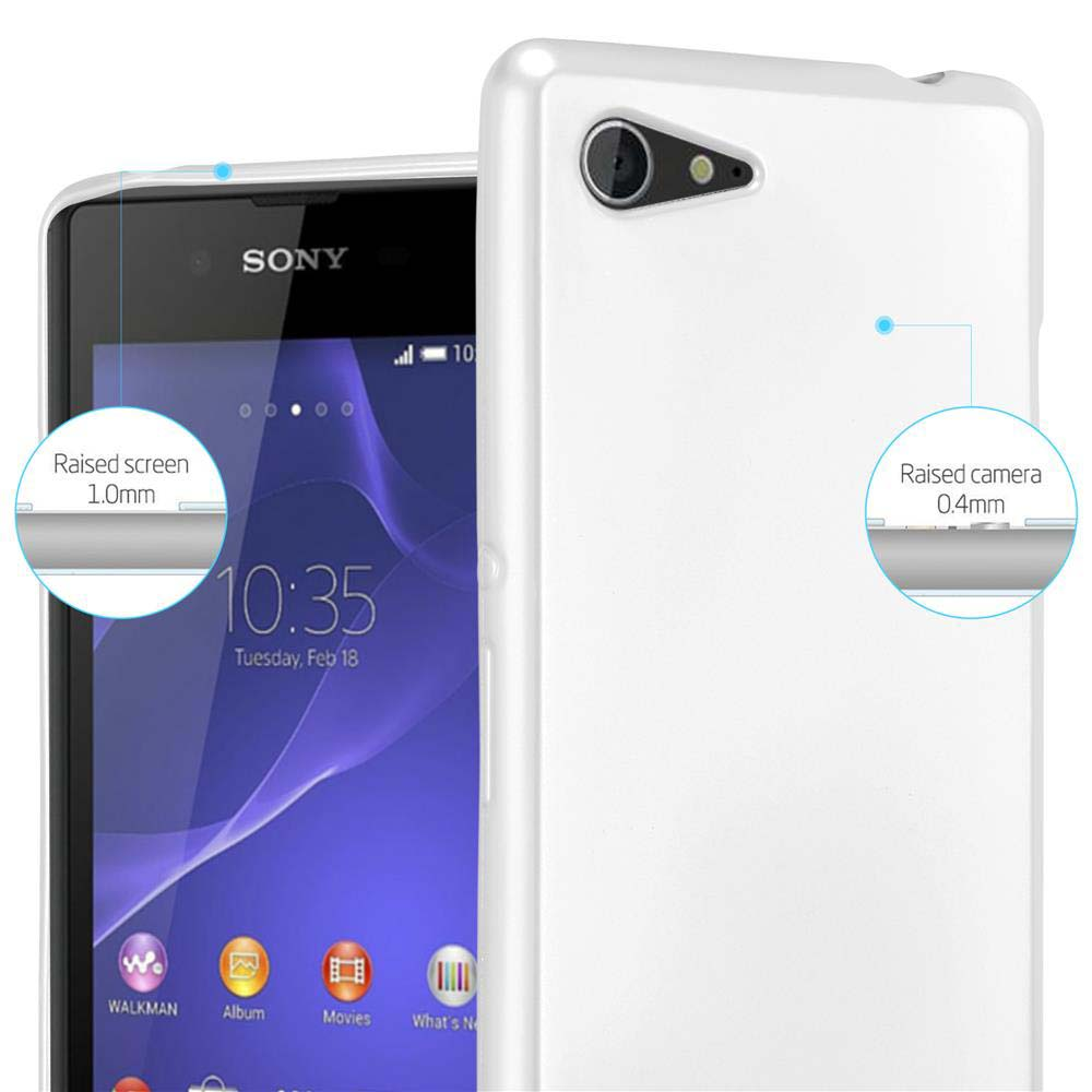 Funda blanca para teléfono. Pantalla con hora, botones y cámara.