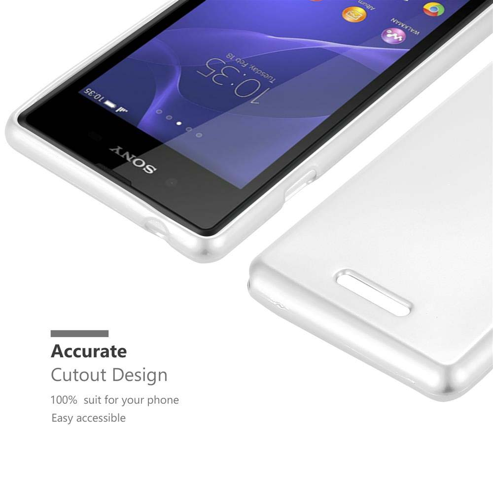 Teléfono en funda blanca. El texto indica un diseño de recorte preciso.