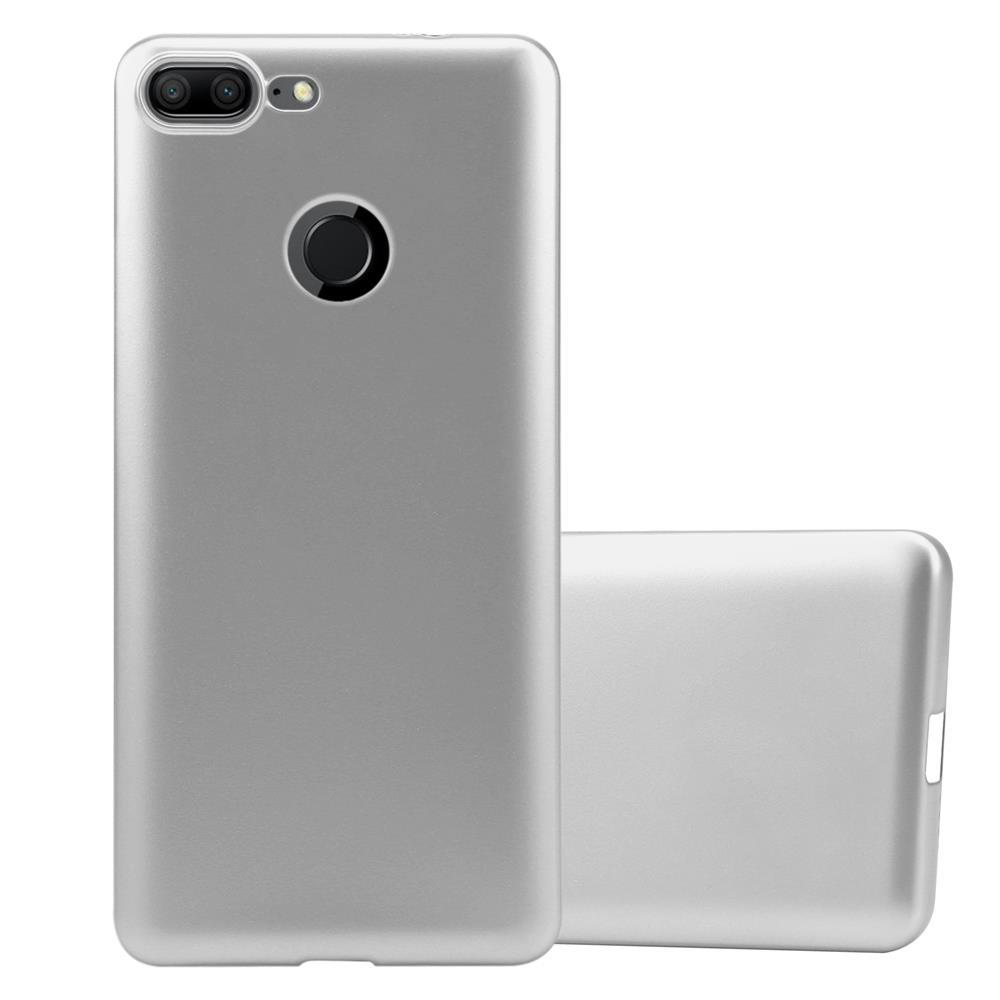 Funda plateada para teléfono. El teléfono está en la funda y la segunda funda está detrás.