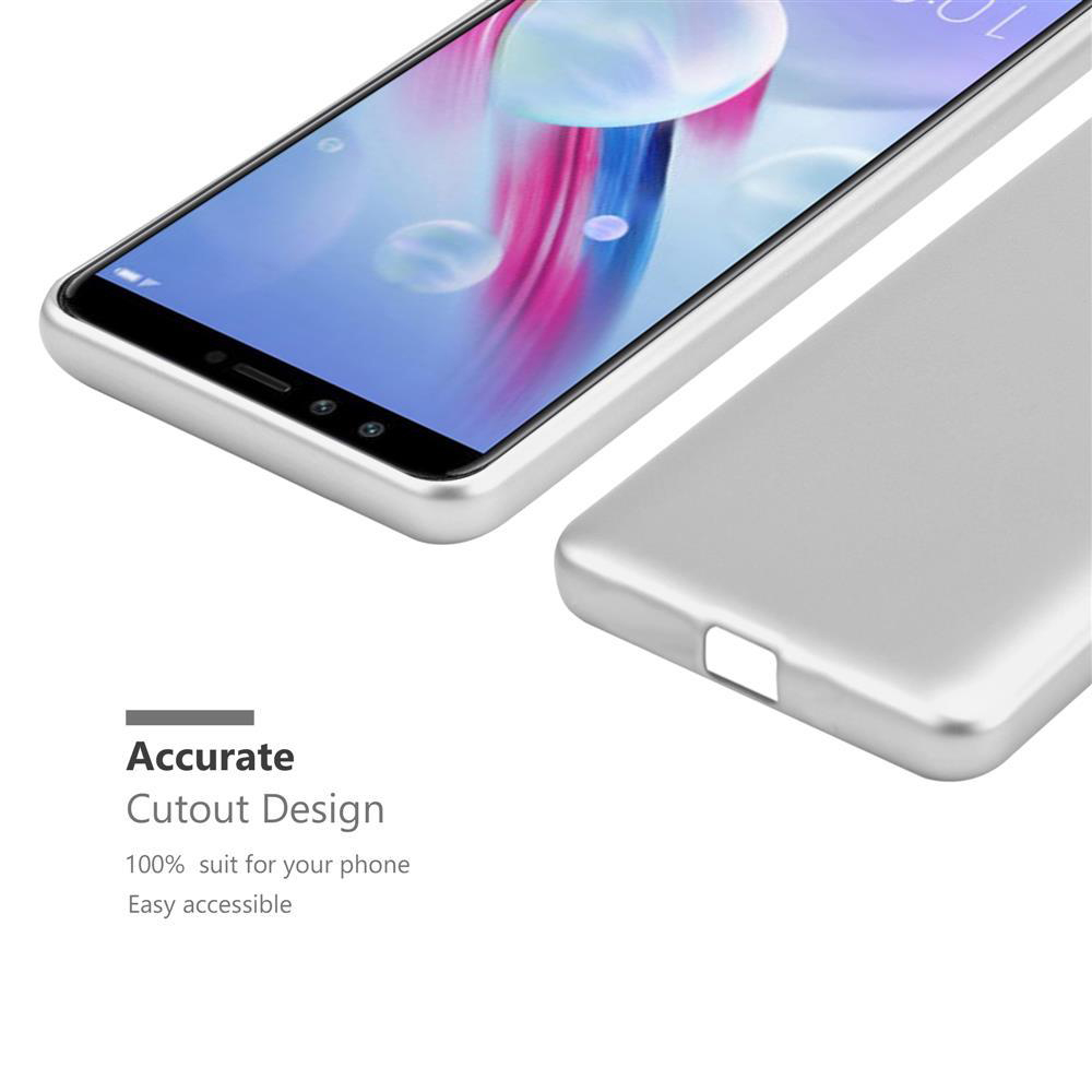 Teléfono con funda plateada, mostrando pantalla y parte trasera con recorte.