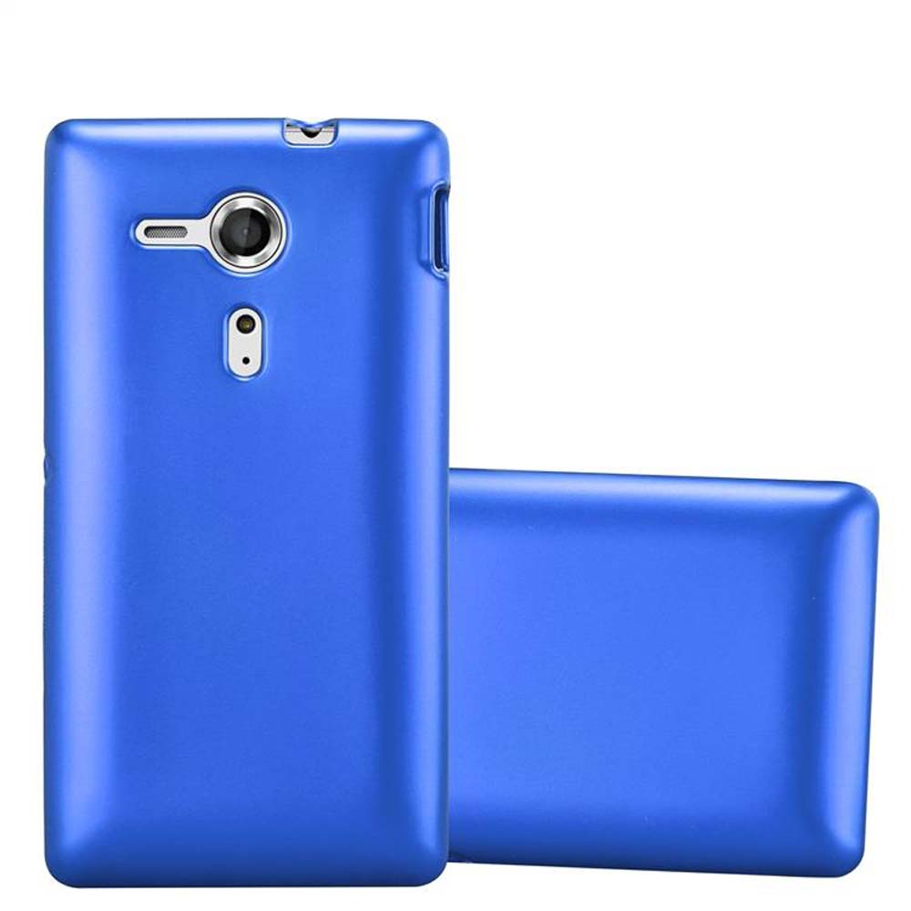 Dos fundas azules para teléfono, una vertical y otra horizontal. Ambas tienen orificios para la cámara.