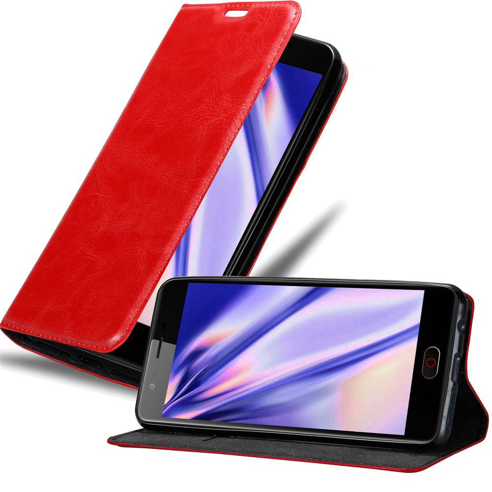 Rote Handyhülle, offen, zeigt Telefonbildschirm.