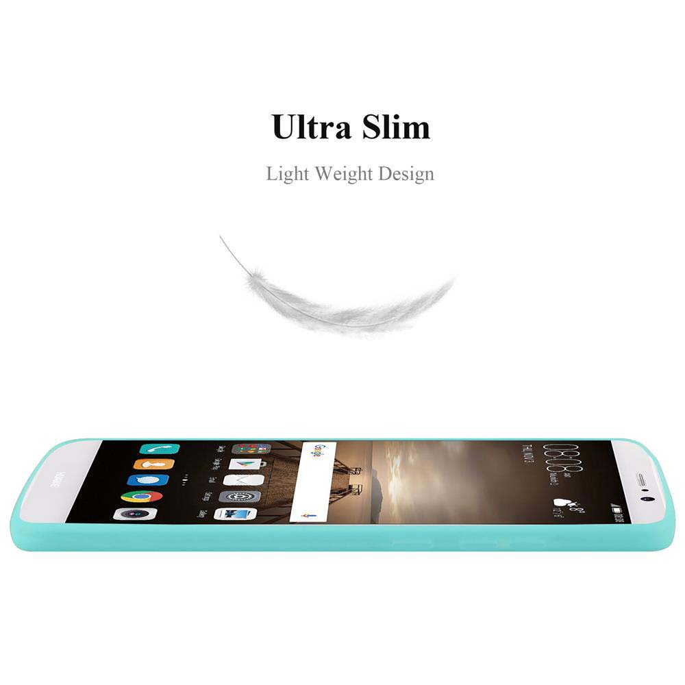 Un telefono turchese visto di lato con una piuma che fluttua sopra. Il telefono è ultra sottile.