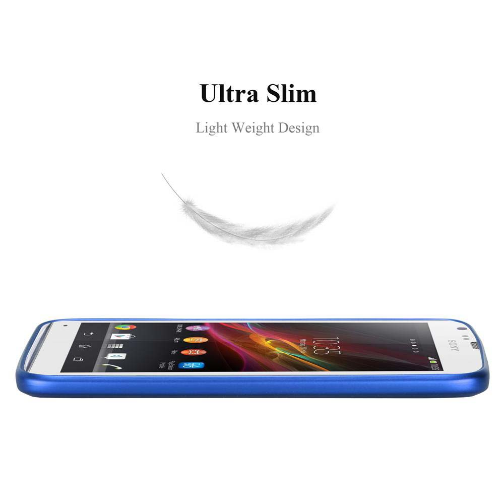 Un teléfono azul en una funda, con un gráfico de pluma arriba y fondo blanco.
