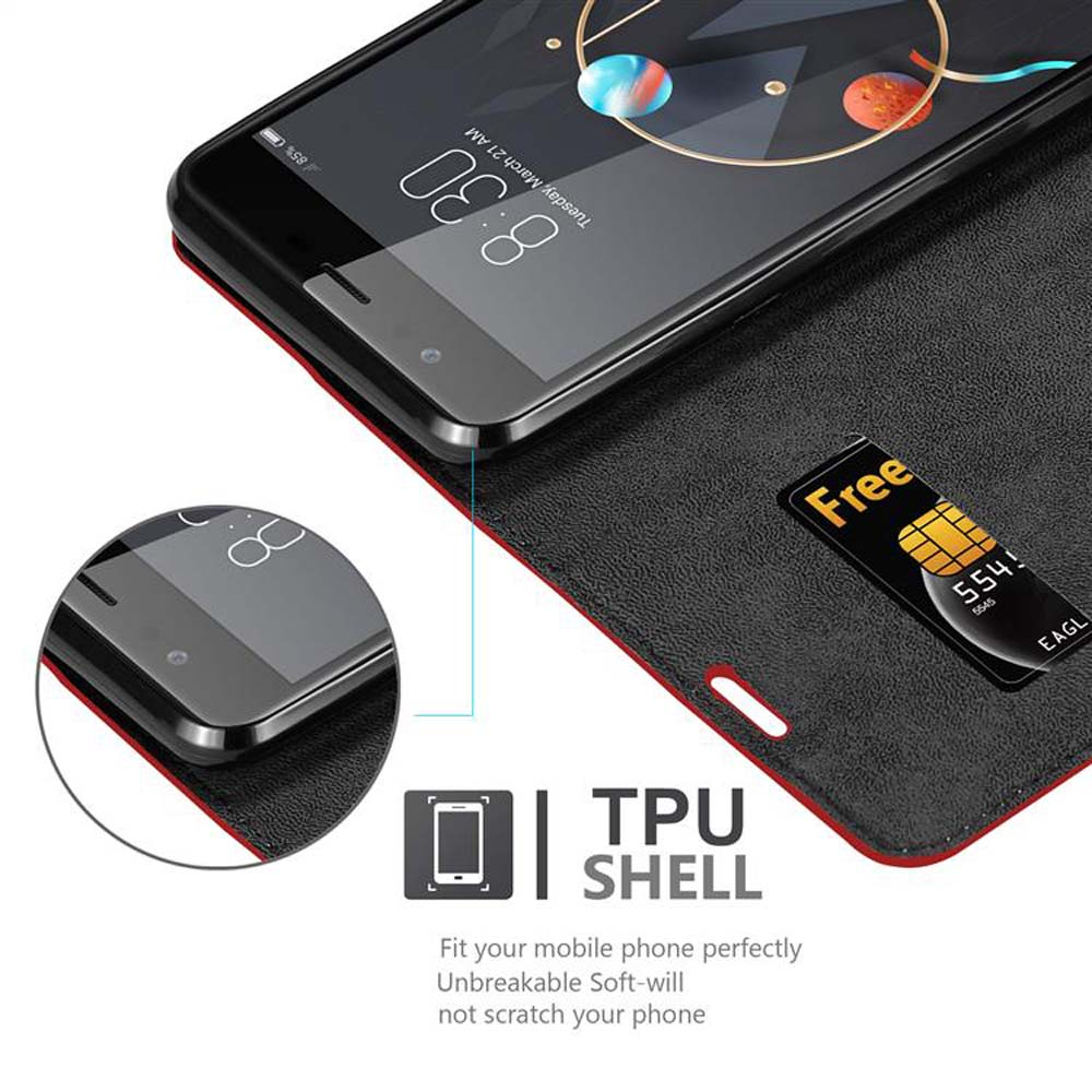 Ein Telefon in einer schwarzen Brieftasche mit sichtbarer Karte. Telefon liegt auf einer rot eingefassten Oberfläche.