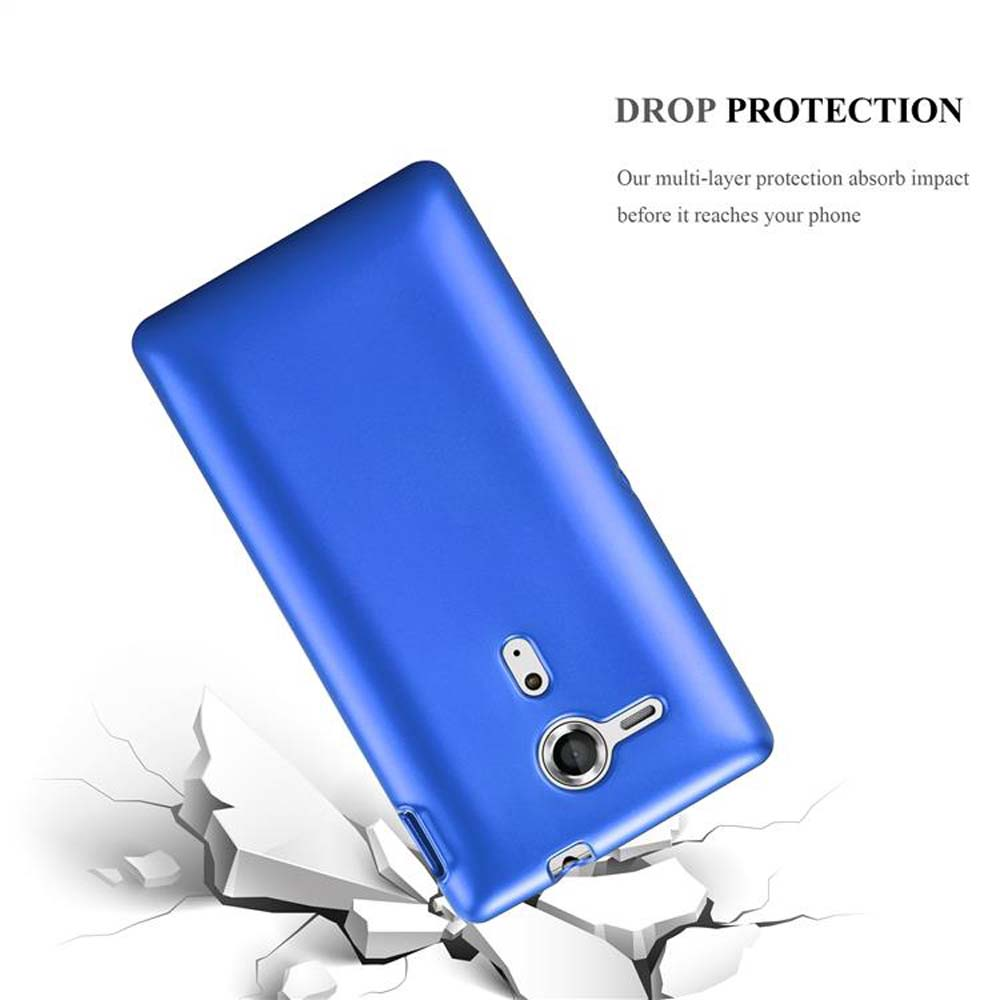 Funda de teléfono azul, vista trasera, en ángulo. Fondo blanco con efecto de suelo agrietado.
