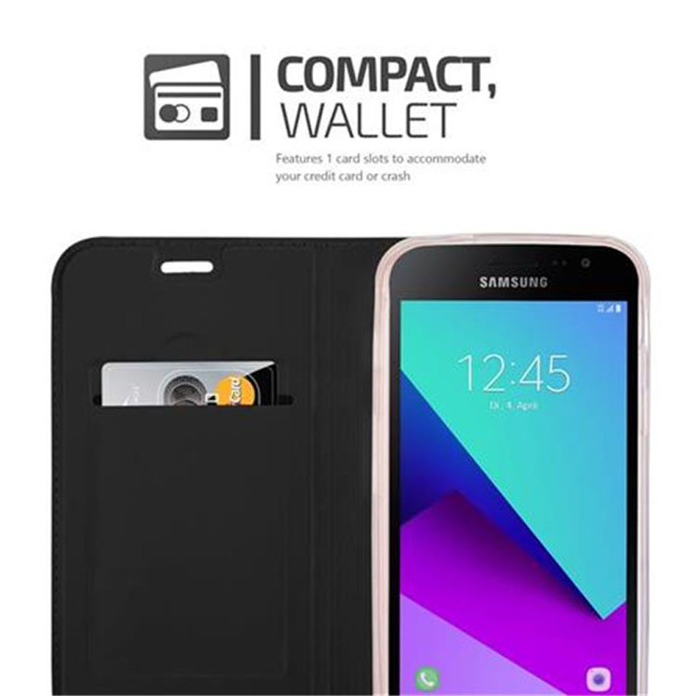 Una custodia per telefono con uno slot per schede e uno schermo che mostra l'ora e la parola "SAMSUNG".