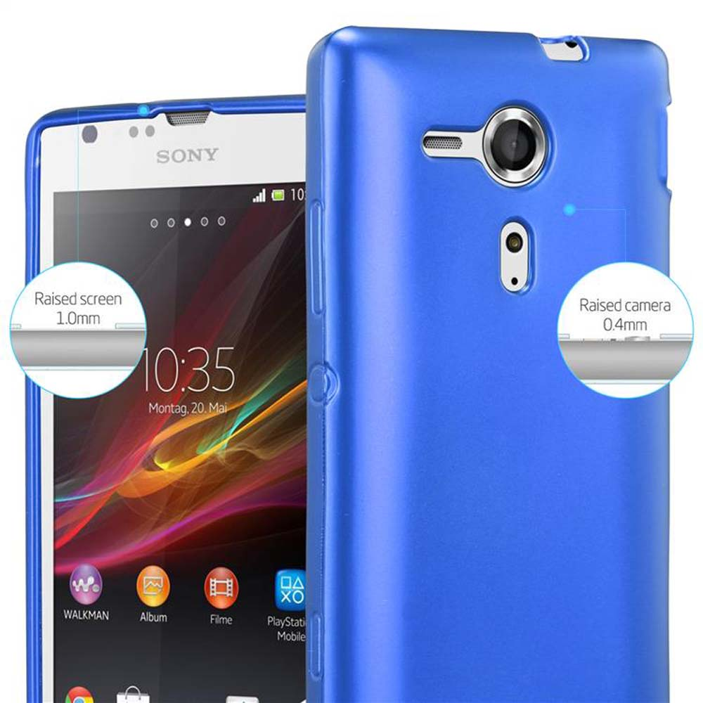 Una funda de teléfono azul con protección de pantalla y cámara elevada para un teléfono Sony.