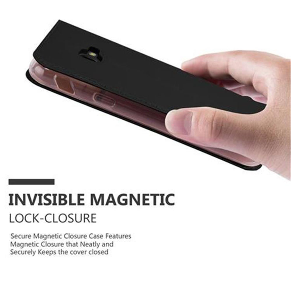 Custodia per telefono nera tenuta in mano. Ha una chiusura magnetica. Testo: 'Invisible Magnetic Lock-Closure'.