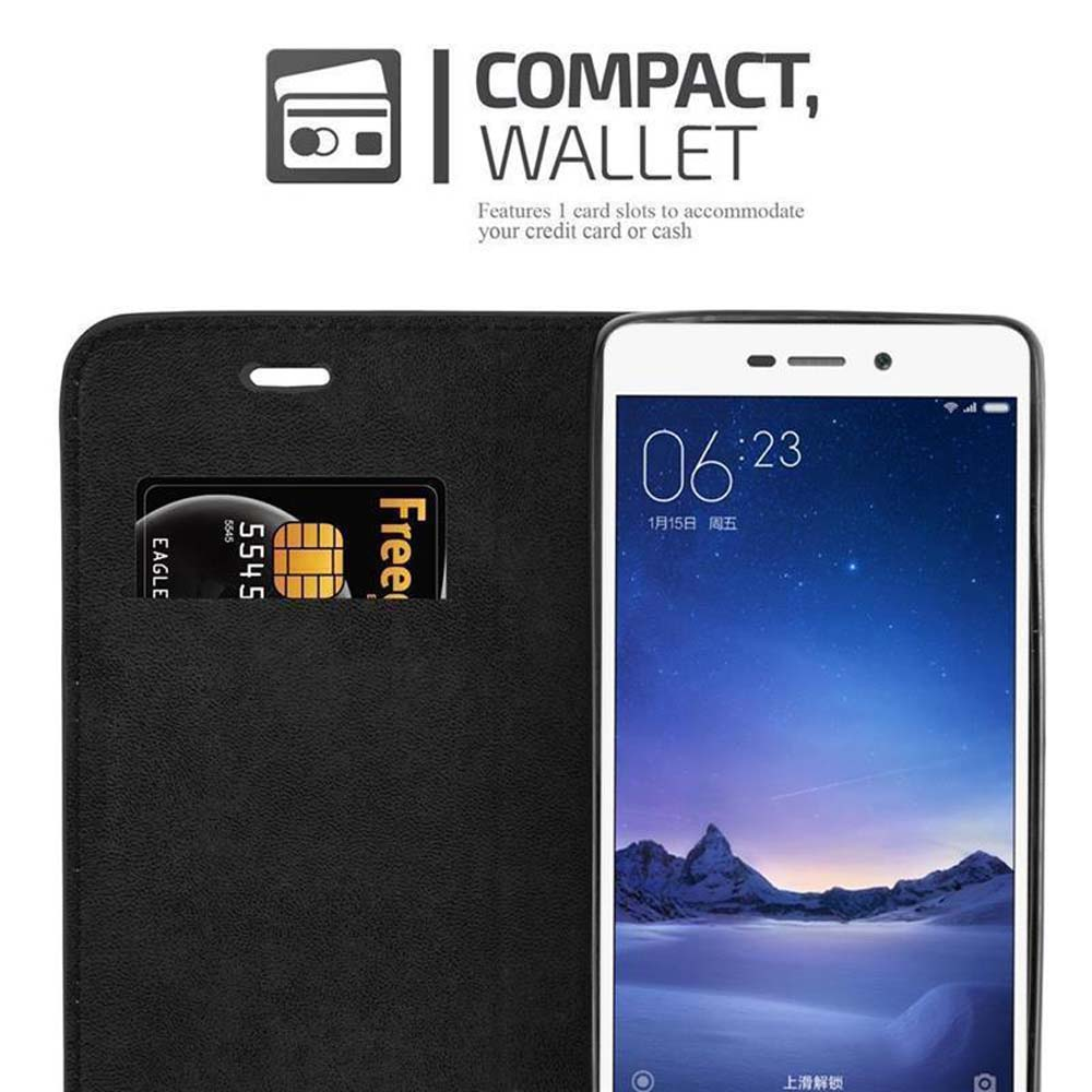 Custodia per telefono con design a portafoglio nero con fessura per carta di credito e telefono che mostra l'ora.