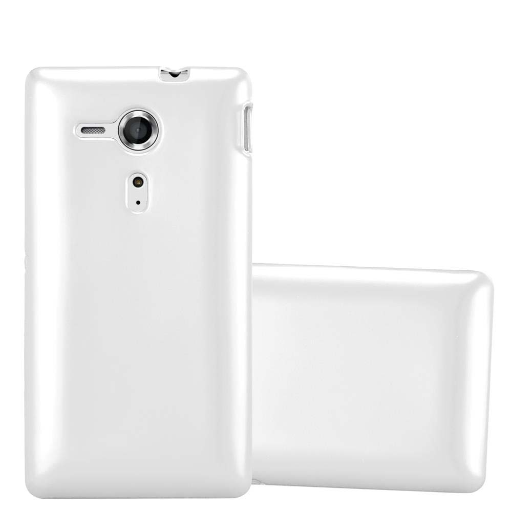 Fundas blancas para teléfonos, una de lado y otra de pie, mostrando cámara y botones.
