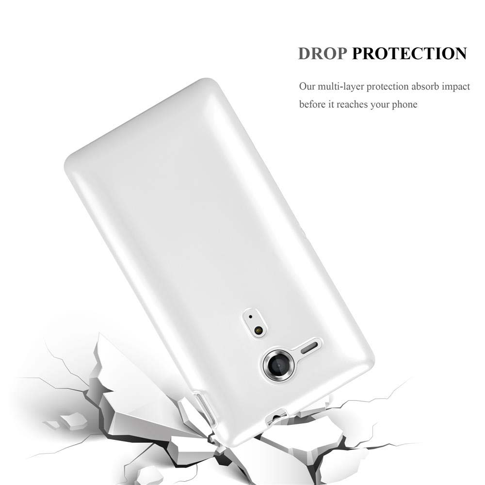 Una funda de teléfono blanca, inclinada, con grietas debajo. El texto indica protección contra caídas.