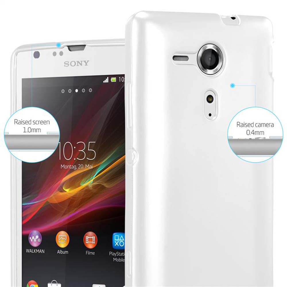 Teléfono blanco con funda blanca. La pantalla y la cámara están ligeramente elevadas. Muestra interfaz.