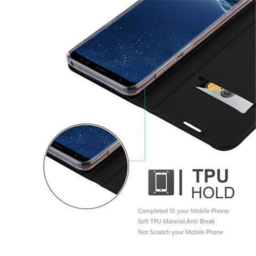 Custodia nera con telefono, carta e testo 'TPU HOLD'.