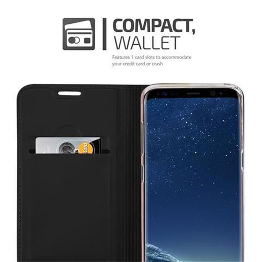 Custodia per telefono nera con slot per schede. Mostra un telefono con una carta all'interno. Testo: Compatto, Portafoglio.