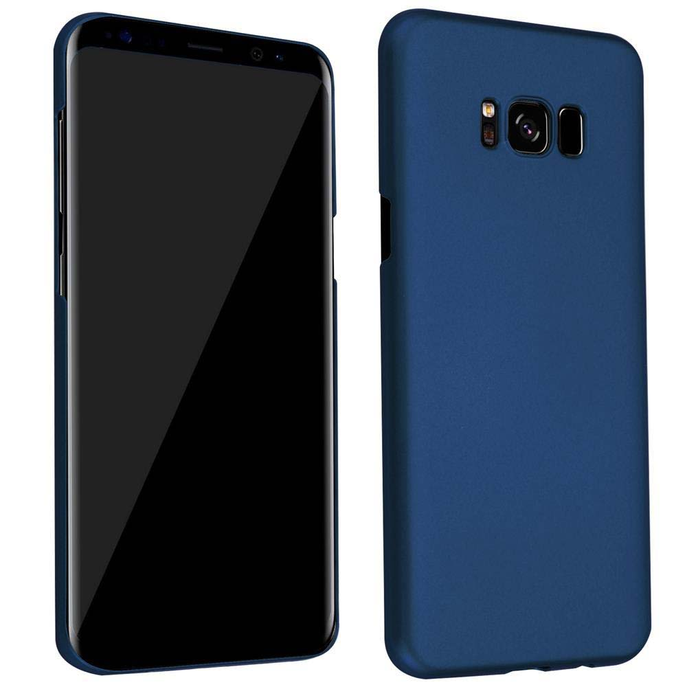Un telefono blu e la sua custodia blu. Uno mostra lo schermo, l'altro il retro.