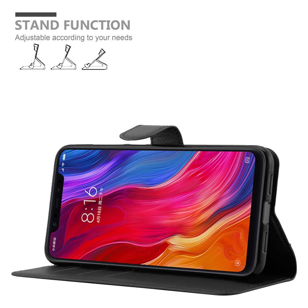 Teléfono en funda negra con pantalla colorida, sostenido por la funda.