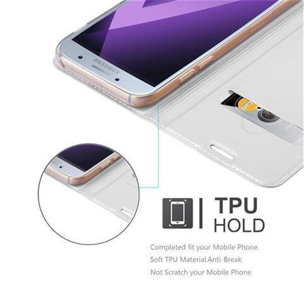 Telefon in weißer Hülle, TPU-Hold-Text sichtbar, Telefon und Kartenfach gezeigt.
