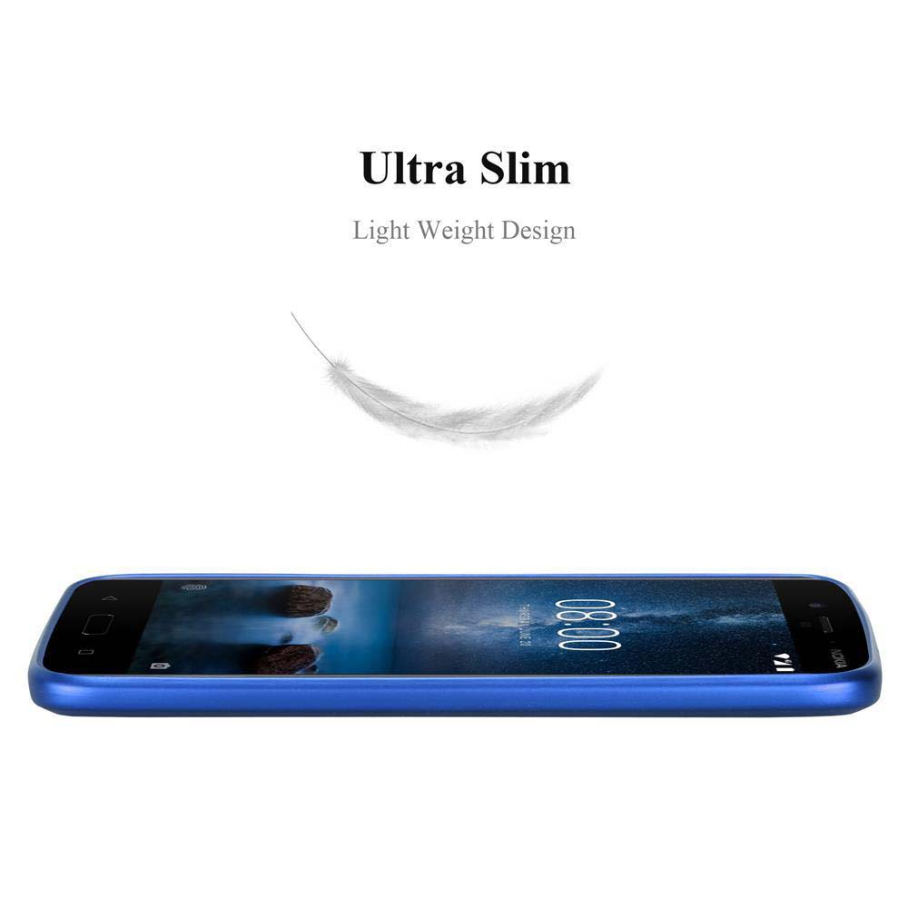 Ein blaues Telefon, von der Seite gesehen, liegt horizontal mit einer Federgrafik darüber.