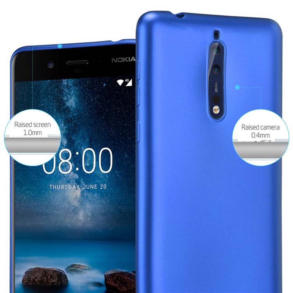 Nahaufnahme eines blauen Telefons mit einer Zeitanzeige auf dem Bildschirm. Das Telefon hat einen erhöhten Bildschirm und eine Kamera.