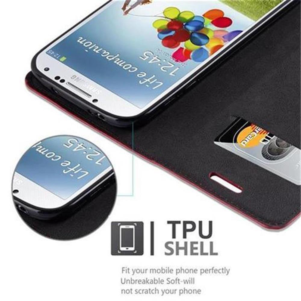 Funda de teléfono tipo cartera con un teléfono dentro, una tarjeta y texto.