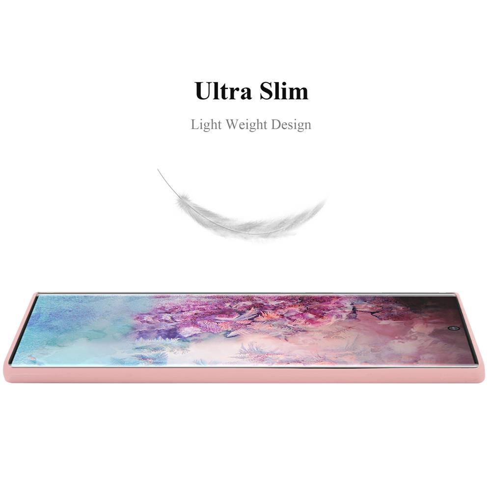 Eine Handyhülle liegt flach. Das Telefon ist rosa mit rosa Hülle. Eine Feder schwebt darüber.