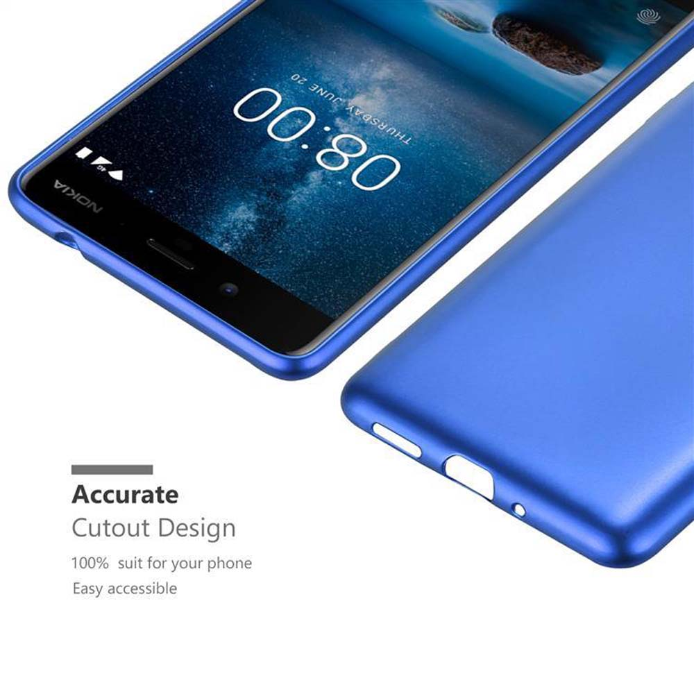 Blaues Telefon mit schwarzem Bildschirm. Text sagt: "Accurate Cutout Design".