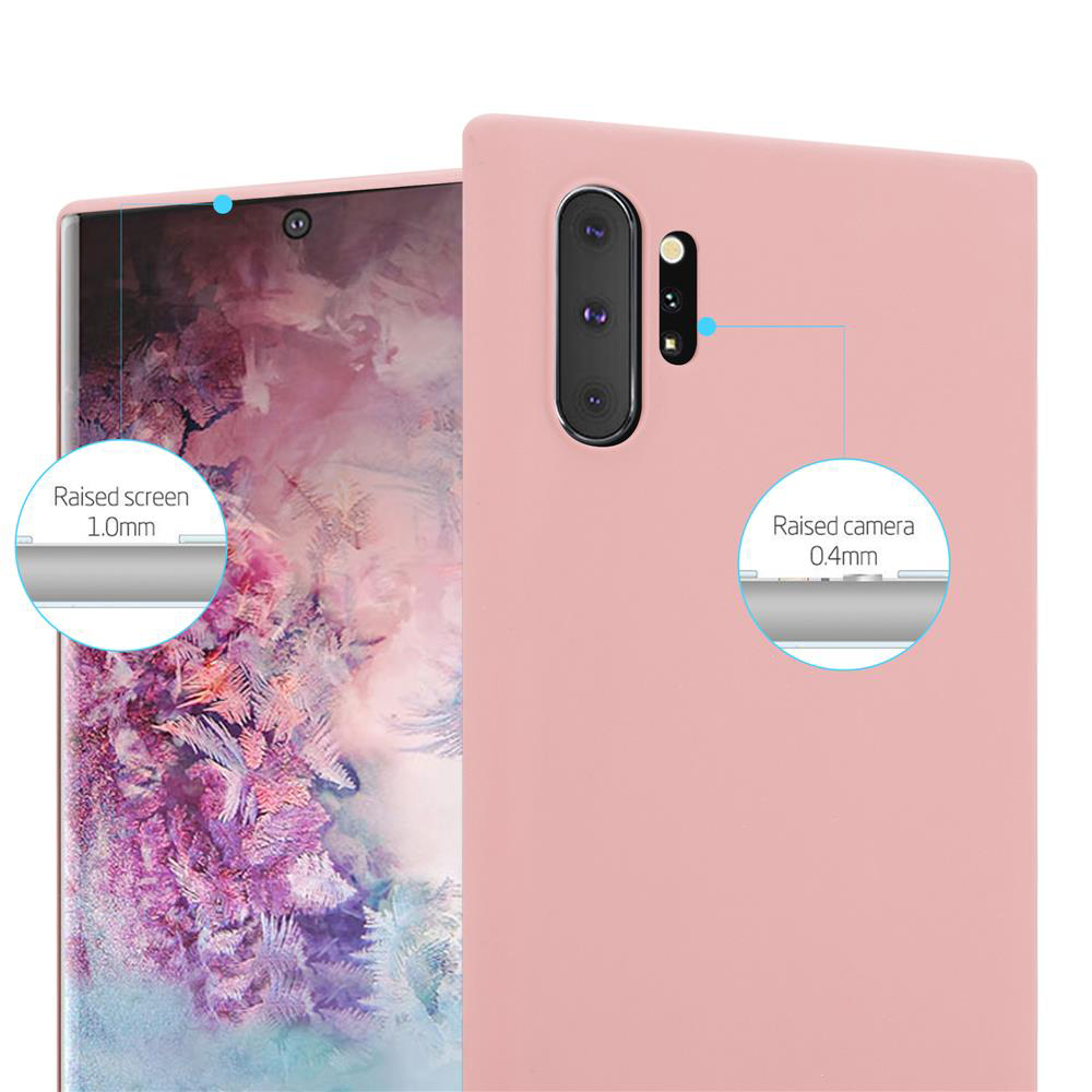 Rosa Handyhülle mit Etiketten, die erhöhten Bildschirm und Kamera zeigen. Die Rückseite des Telefons ist sichtbar.