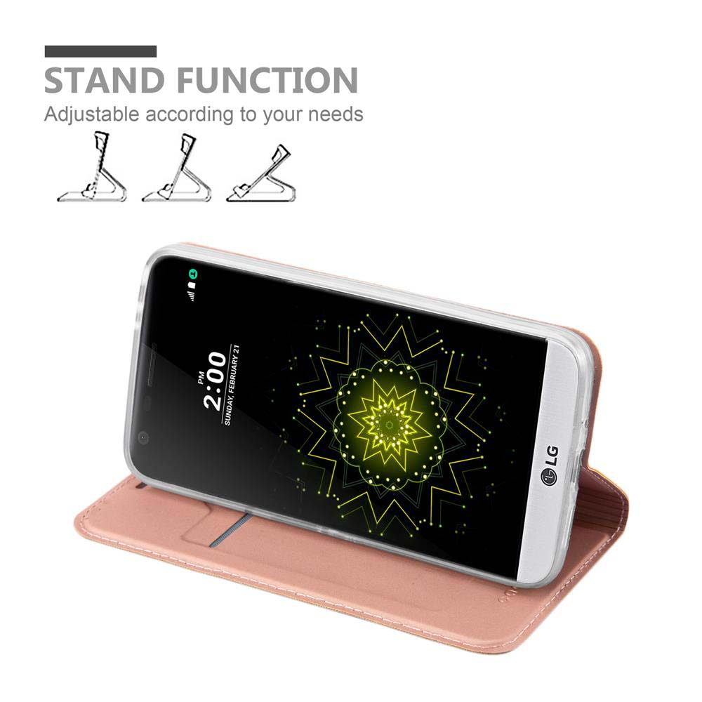 Telefon in einer rosa Hülle, offen. Text: 'Standfunktion' und 'Einstellbar'.