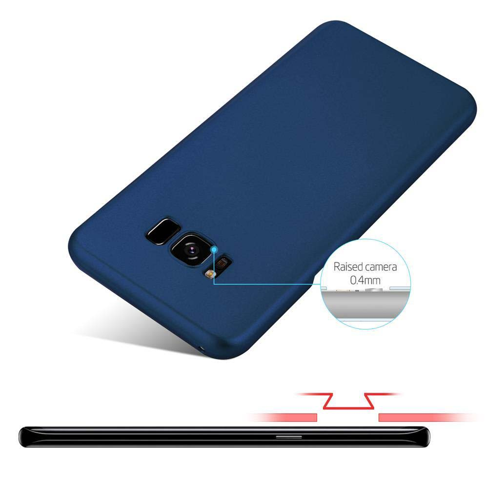 Custodia blu per telefono. Fotocamera rialzata e parte inferiore del telefono. Frecce puntano alla fotocamera e allo schermo rialzati.