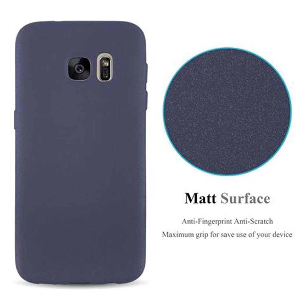 Custodia blu per telefono con superficie opaca, il testo dice anti-impronte, antigraffio e presa massima.