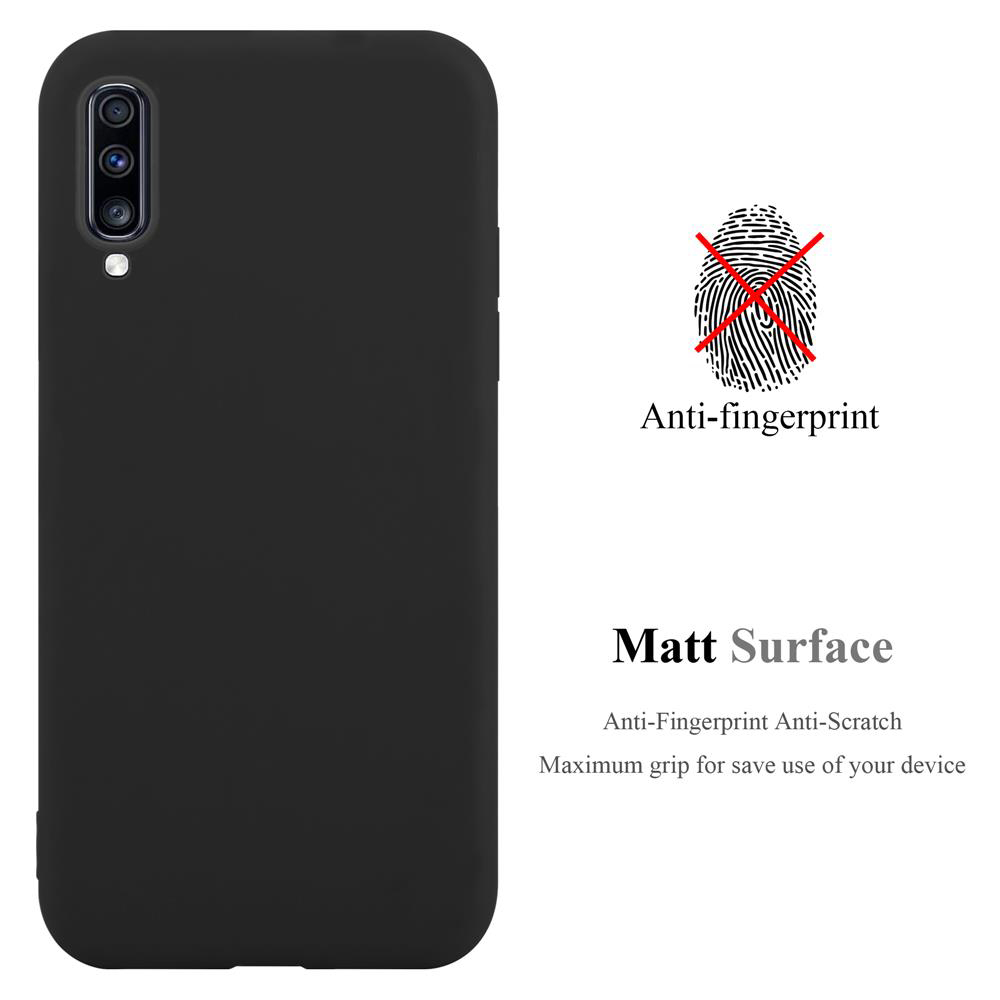 Schwarze Handyhülle mit matter Oberfläche. Text weist auf Anti-Fingerabdruck- und Anti-Kratz-Eigenschaften hin.