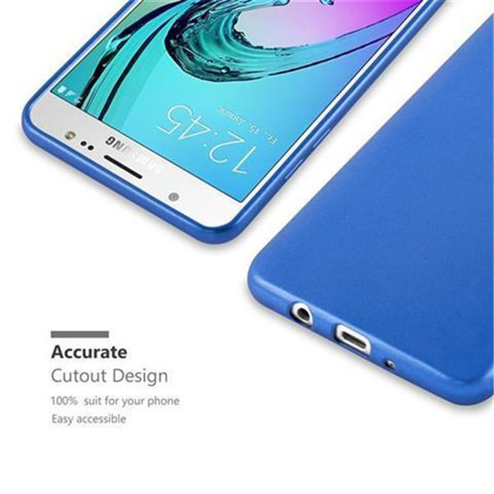Blaue Handyhülle mit Telefon, zeigt Bildschirm und Anschlüsse des Telefons.