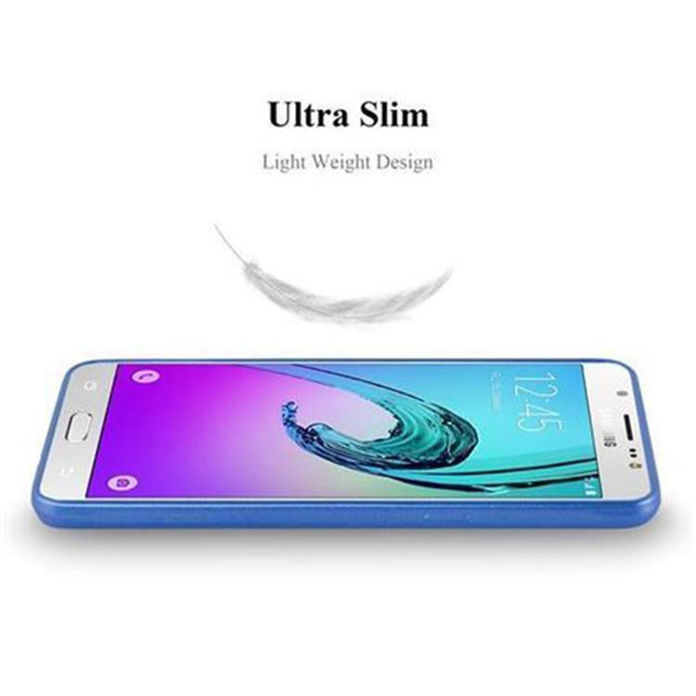 Telefon in einer blauen Hülle, mit Text 'Ultra Slim' und einer Federgrafik, leichtes Design.