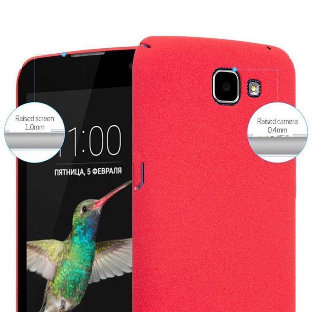 Telefono rosso con etichette per schermo e fotocamera rialzati. Un'immagine di colibrì sullo schermo.