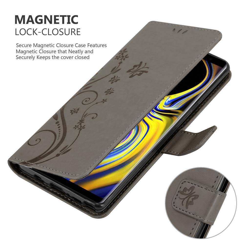 Un telefono con una custodia in pelle grigia, aperta per rivelare lo schermo e una chiusura magnetica.