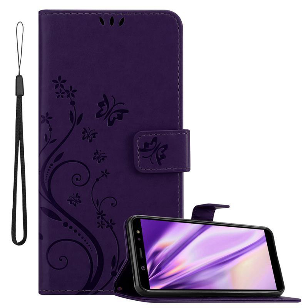 Custodia viola con telefono aperto. Design floreale e cinturino da polso.