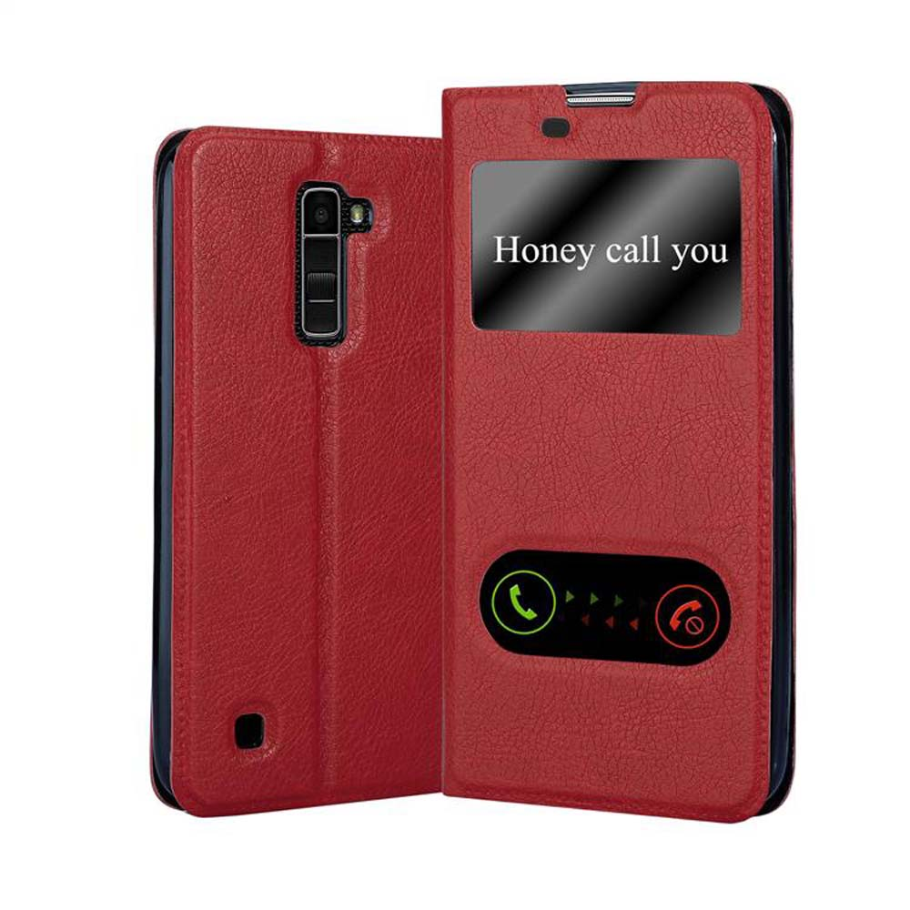 Funda roja para teléfono con "Honey call you". La funda está abierta, revelando el teléfono.