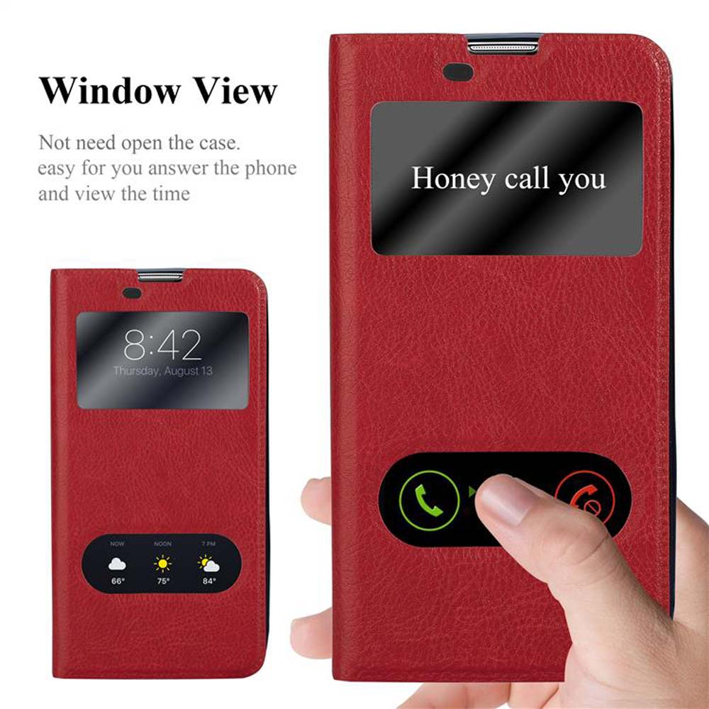 Funda de teléfono roja con ventana y pantalla que muestra la hora y una notificación de llamada.