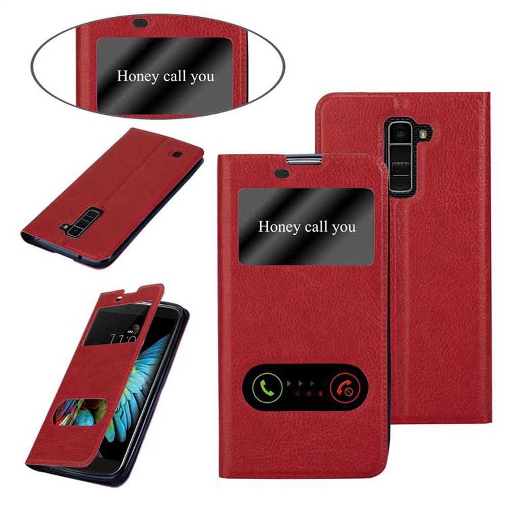 Funda roja para teléfono con ventana que muestra Honey te llama. Múltiples vistas de la funda sobre fondo blanco.