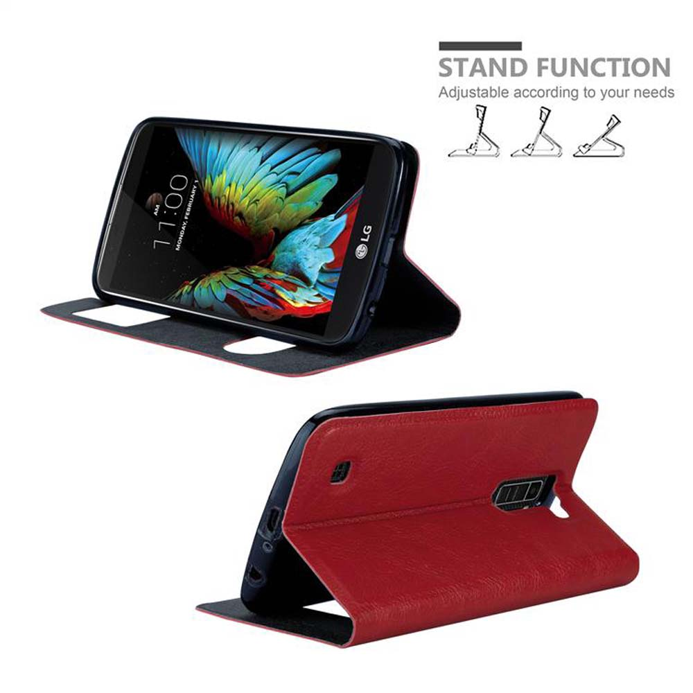 Funda roja abierta, mostrando pantalla de teléfono. Función de soporte ajustable.