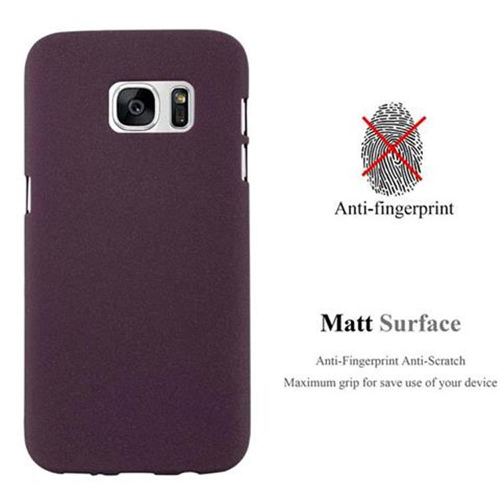Custodia per telefono viola. Testo e logo anti-impronte. Superficie opaca. Illustrazione di un'impronta digitale.