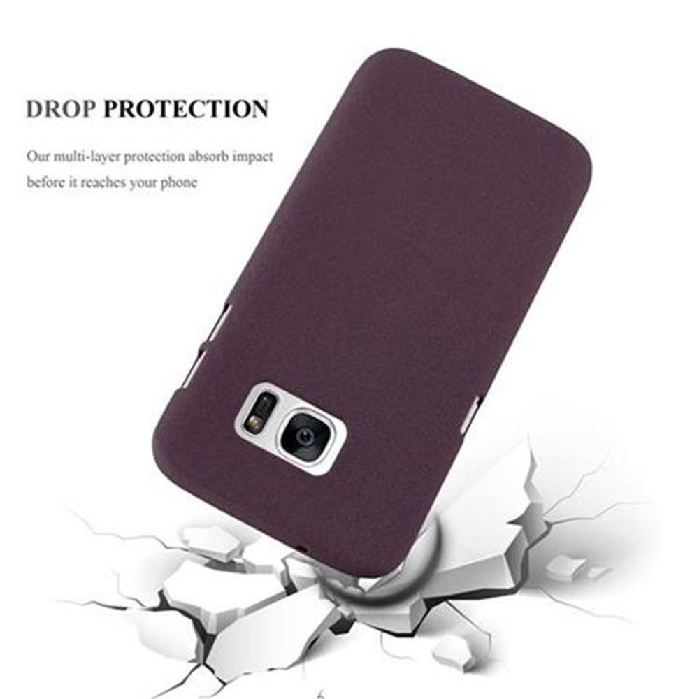 Custodia viola per telefono su superficie crepata. Testo: Protezione dalle cadute. Protezione multistrato.