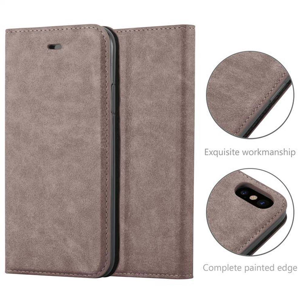 Taupe-Handyhülle mit Details. Exquisite Verarbeitung und lackierte Kanten werden gezeigt.