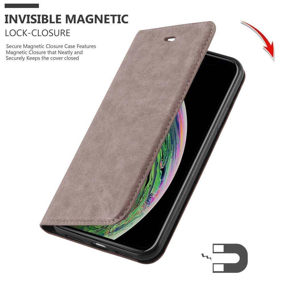 Eine Handyhülle offen, ein Telefon darin und ein Magnetsymbol, mit Text: Unsichtbarer Magnetverschluss.