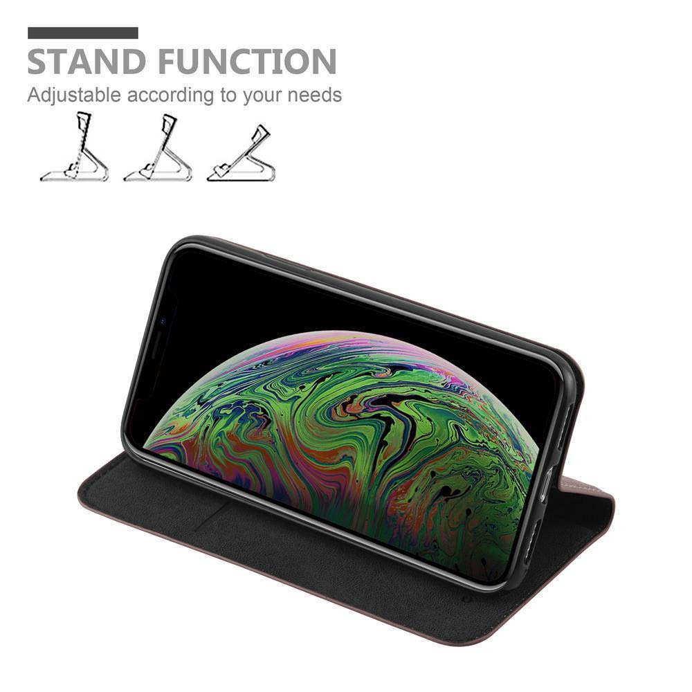 Telefon in Hülle, abgewinkelt, mit farbigem Bildschirm. Symbole für die Standfunktion sind oben abgebildet.