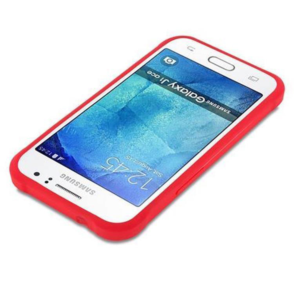 Eine rote Handyhülle mit einem weißen Telefon, auf dem die Uhrzeit angezeigt wird.